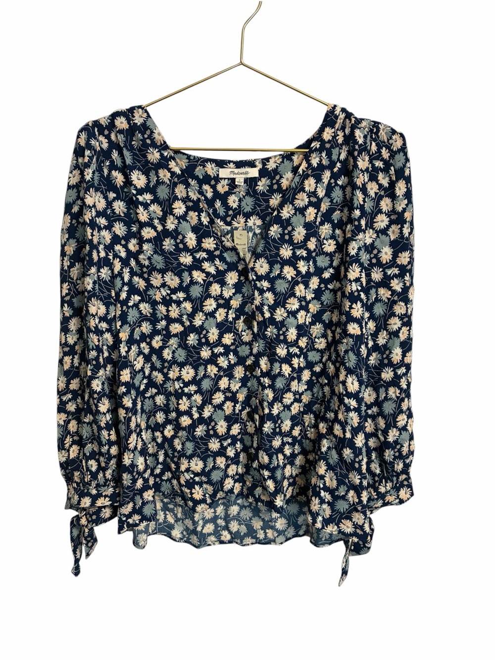 Madewell Navy Floral Tie-Sleeve Blouse